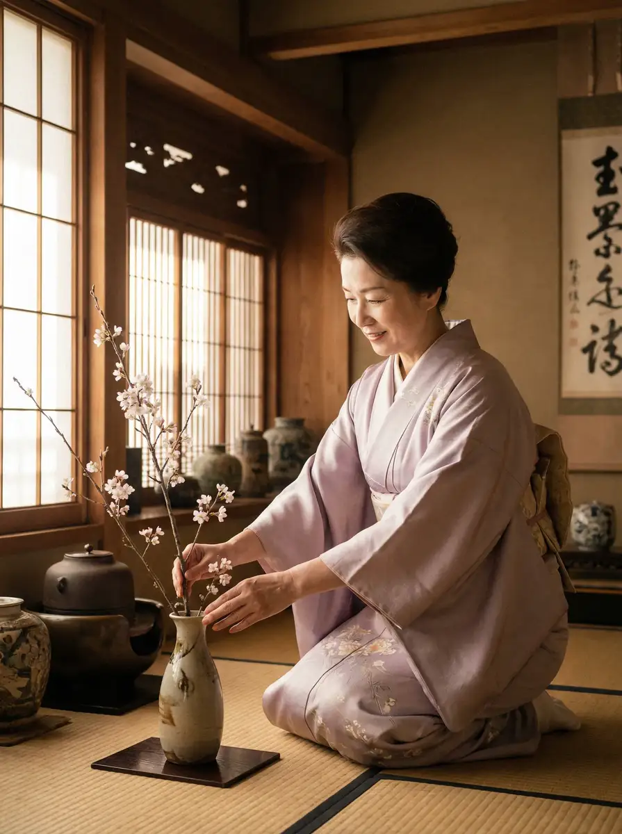 一位优雅的 紧急企划 在和室中插花