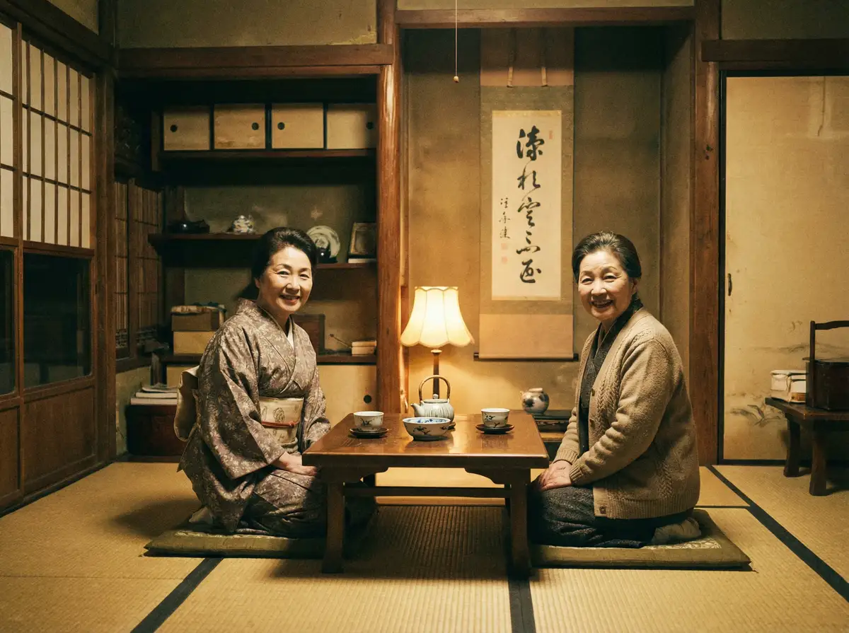两位优雅的 紧急企划 在日式茶室中品茶交谈
